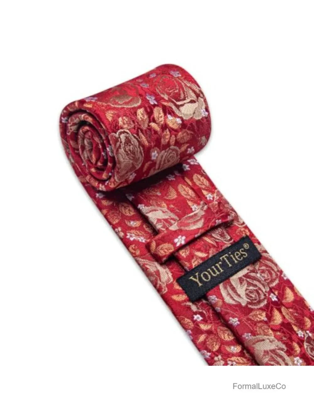 Mens Silk Floral Necktie Set with Pocket Square, Cufflinks & Tie Clip